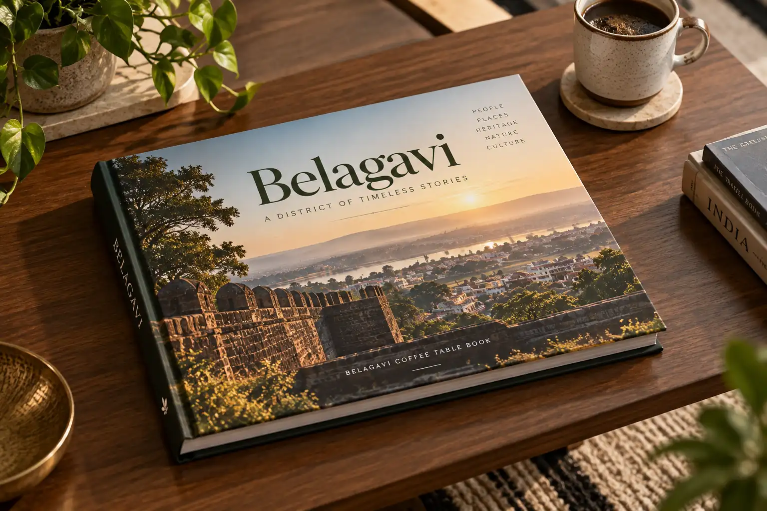 The Belagavi Coffee Table Book lying on a wooden table beside a cup of coffee, its cover showing fort ramparts above the city at sunrise